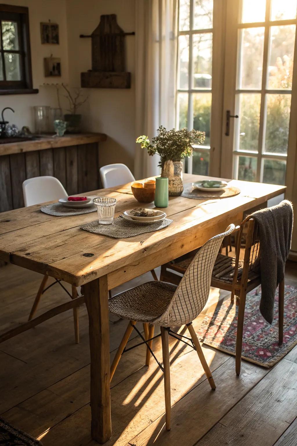 A rustic wood dining table surrounded by charming mismatched chairs.