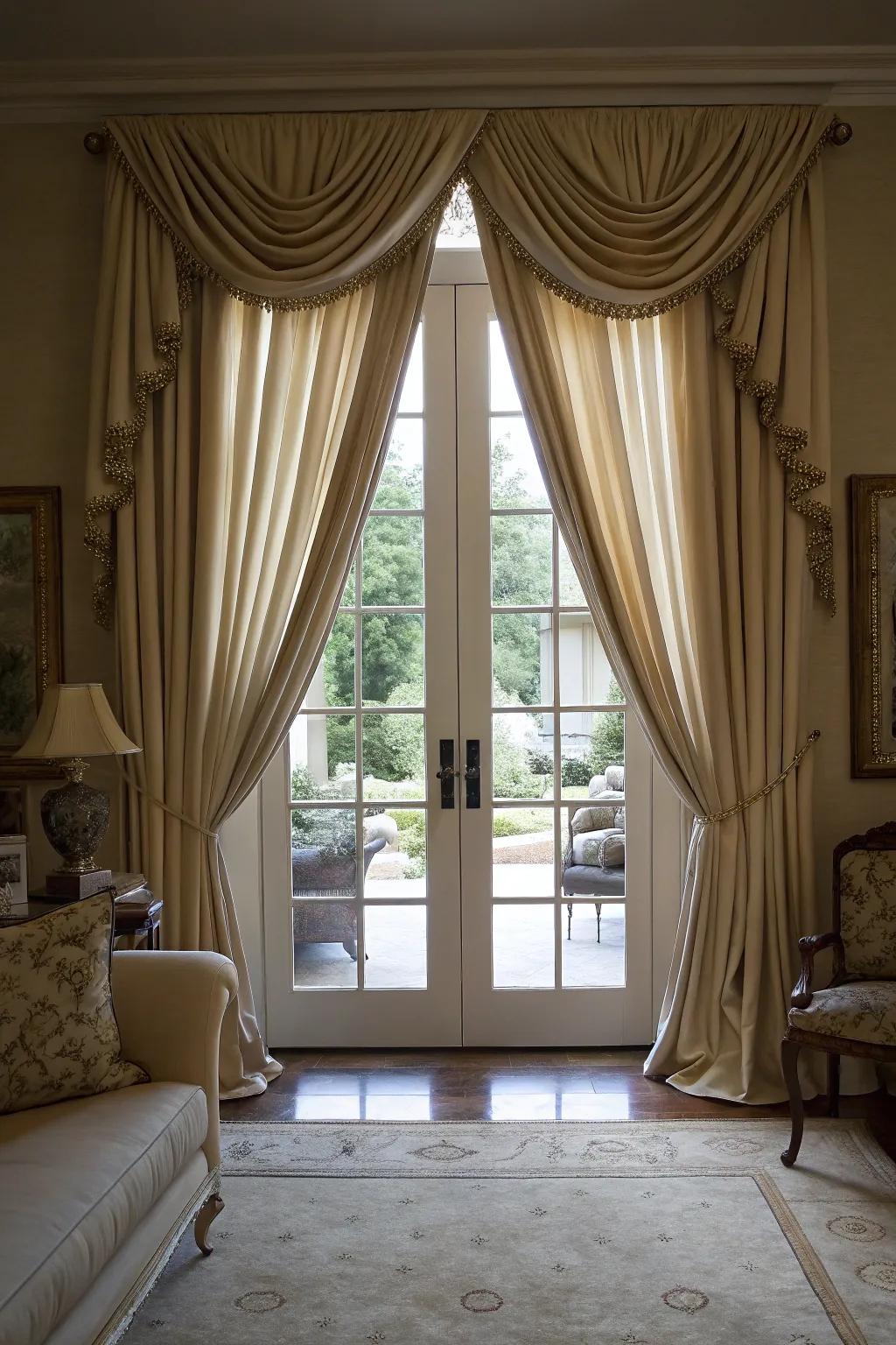 Elegant window coverings enhance the lavish aesthetic of French doors.