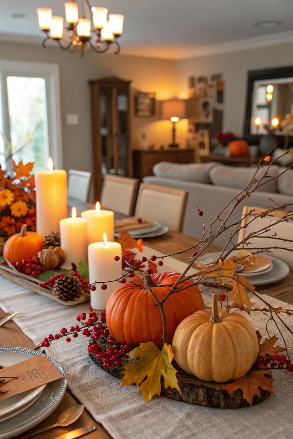An intimate Friendsgiving tablescape showcasing squashes and lights.