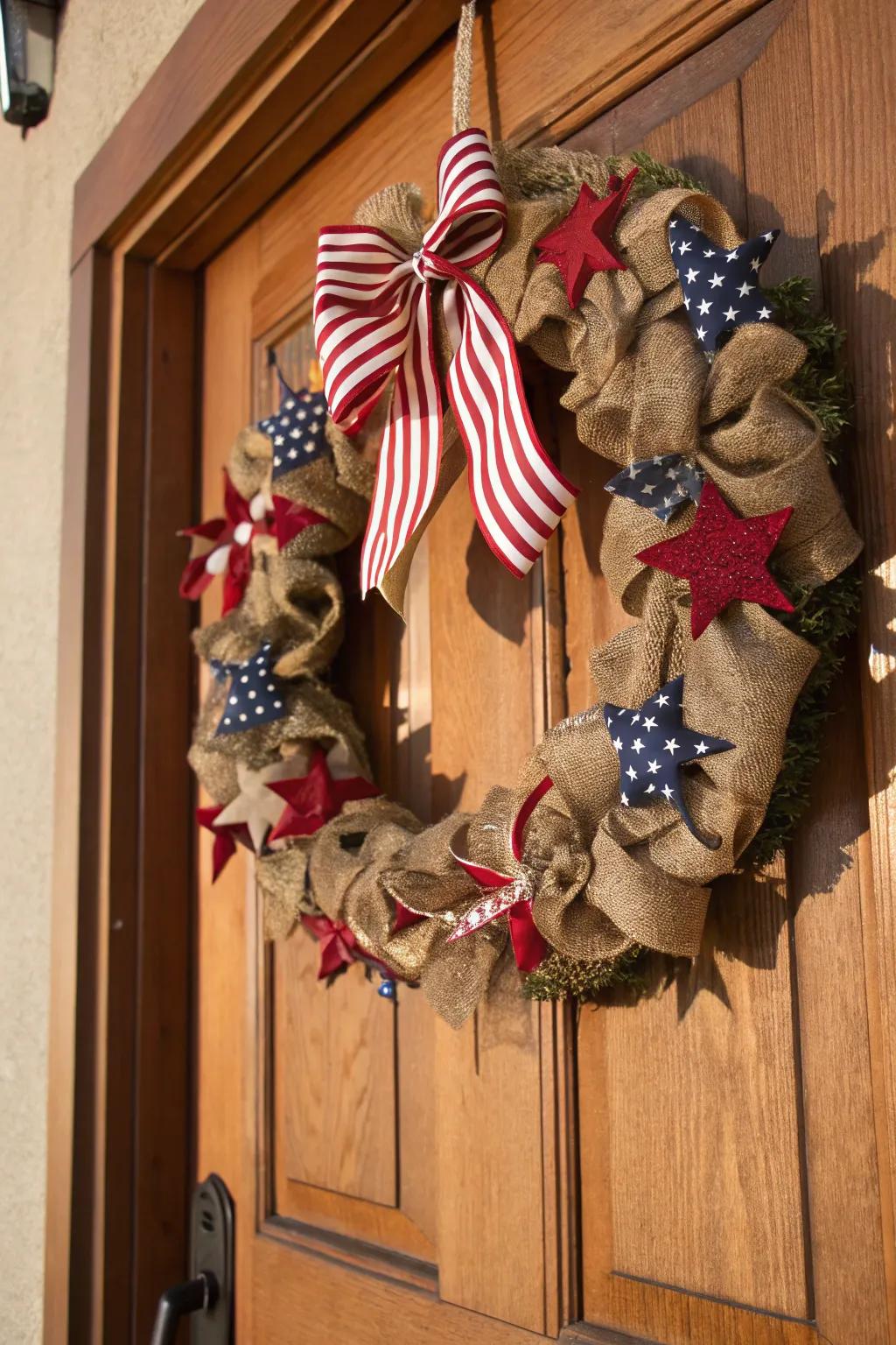 A classic stars and stripes wreath with a rustic twist.