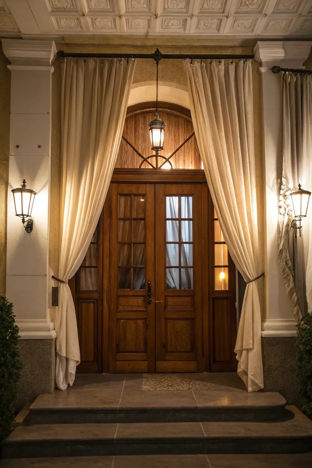 A traditional wooden door showcased with elegantly streaming curtains.