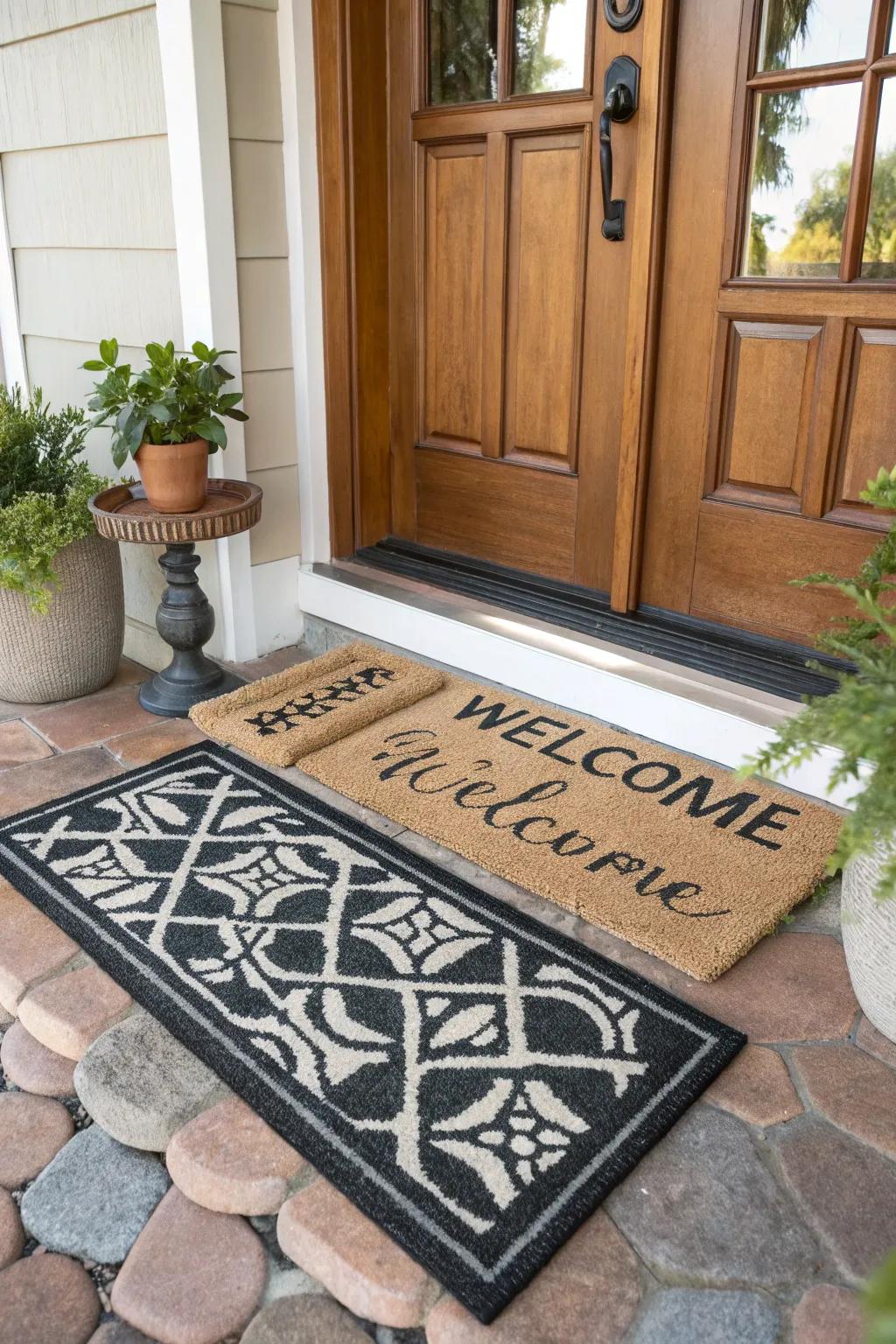 Layered doormats creating a cozy entryway.