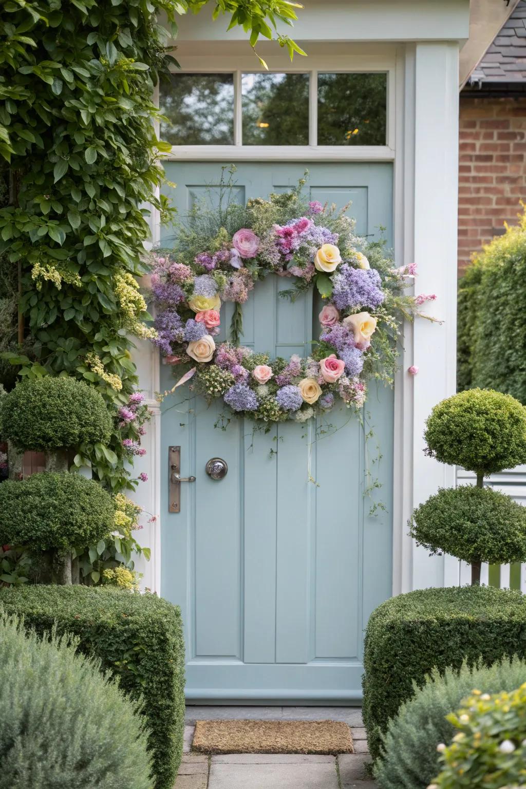 A blossom ring on the front entrance presents a timeless and romantic greeting.