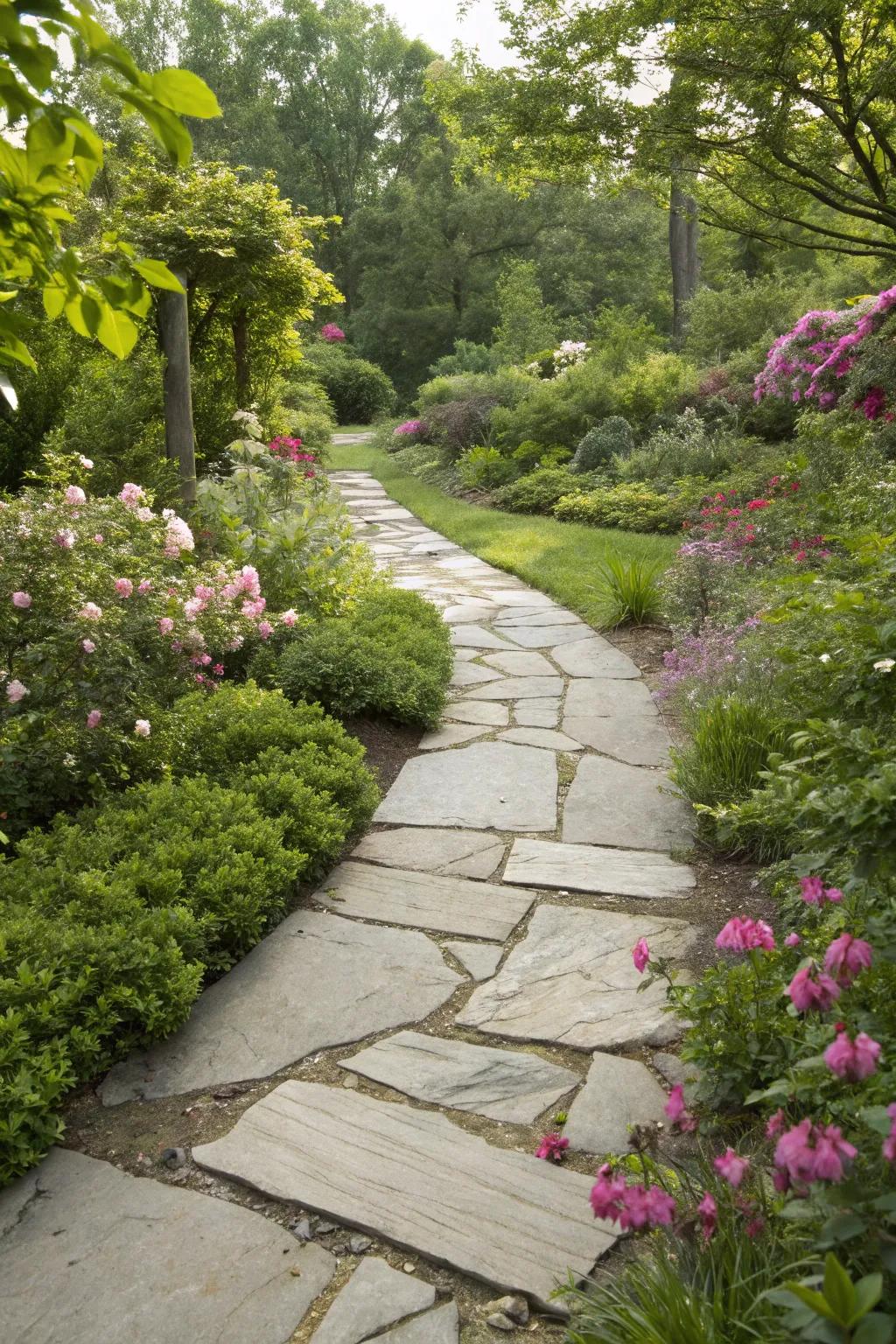 A countryside-inspired path fashioned from natural stone, enveloped by verdant plants.