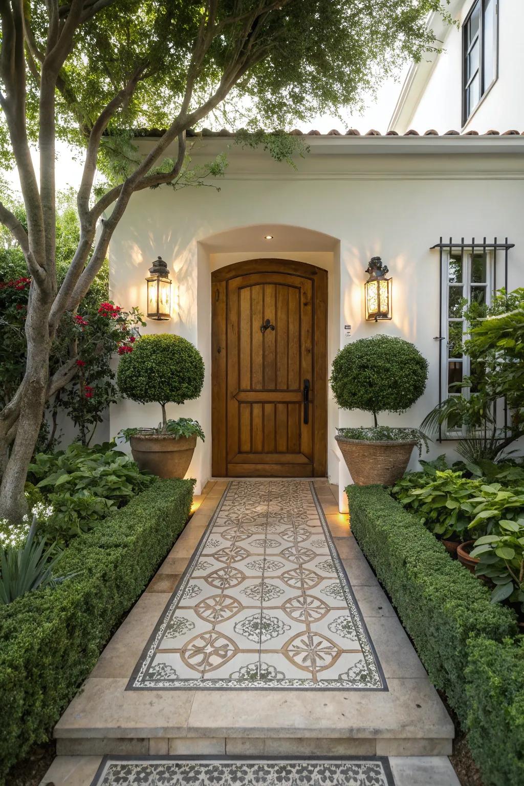 A comforting and warm gateway featuring floral pots and a delightful walkway