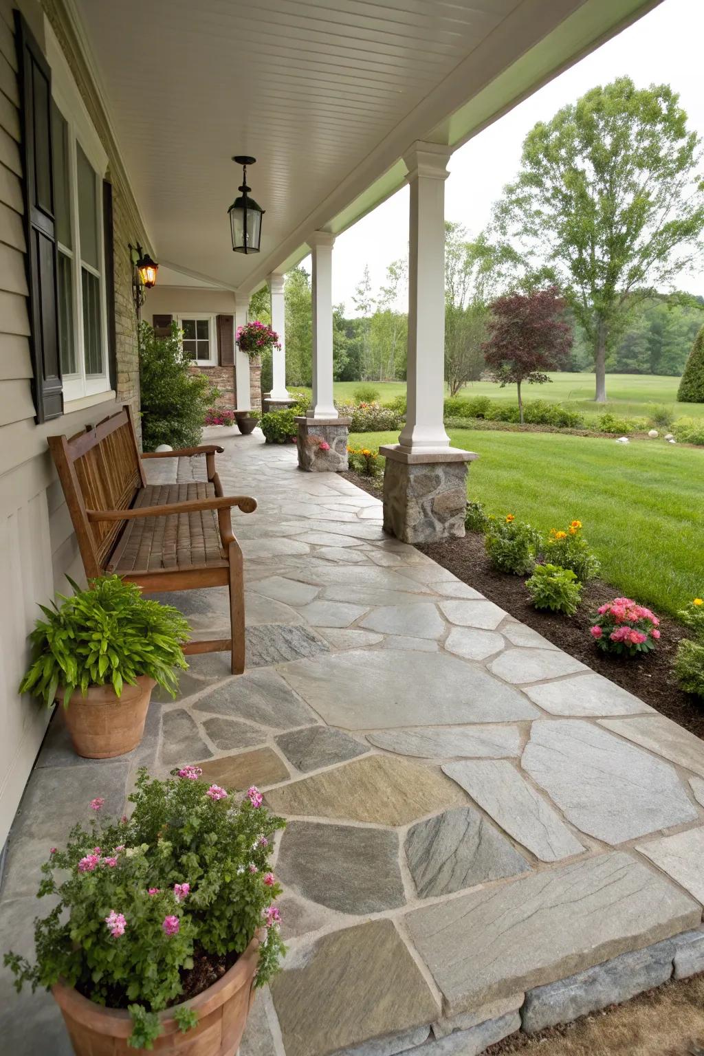 Natural stone delivers an ideal combination of refinement and strength for your porch.