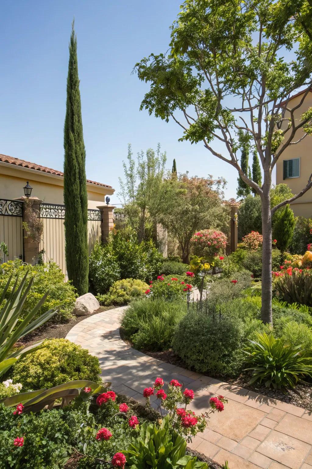 A verdant retreat in the front yard features diverse plants, fostering a tranquil atmosphere.