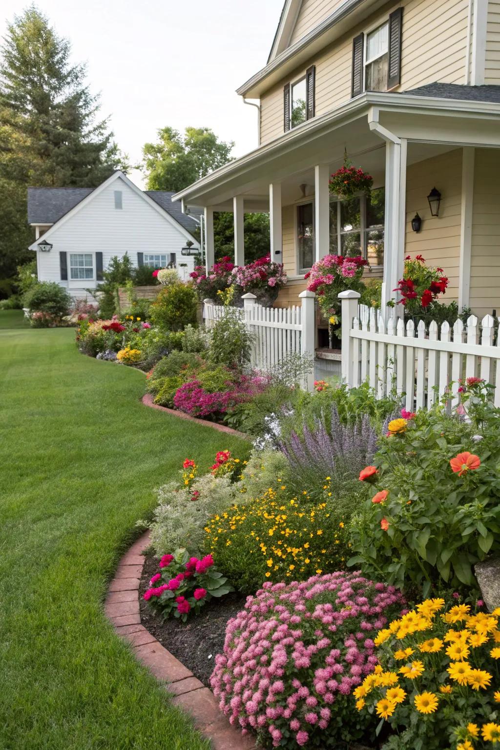 A colorful mix of flowers can infuse charm and vibrancy into any front yard.
