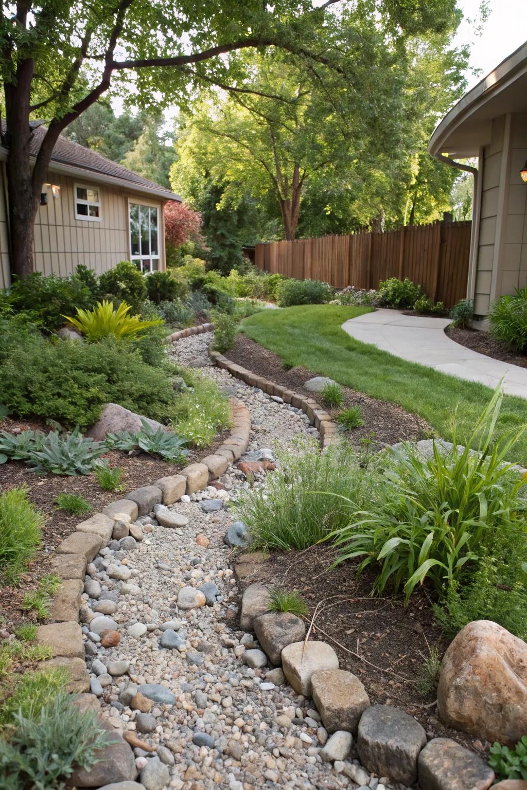 Curved pathways within your creek bed bring a fluid and organic touch to your garden scenery.