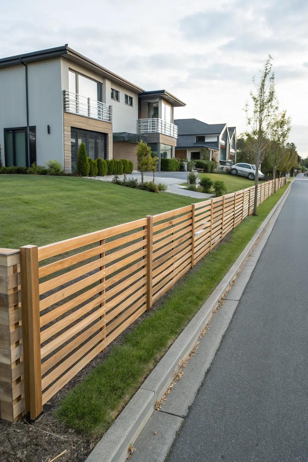 A chic horizontal panel boundary borders a modern driveway, introducing a hint of modern refinement.