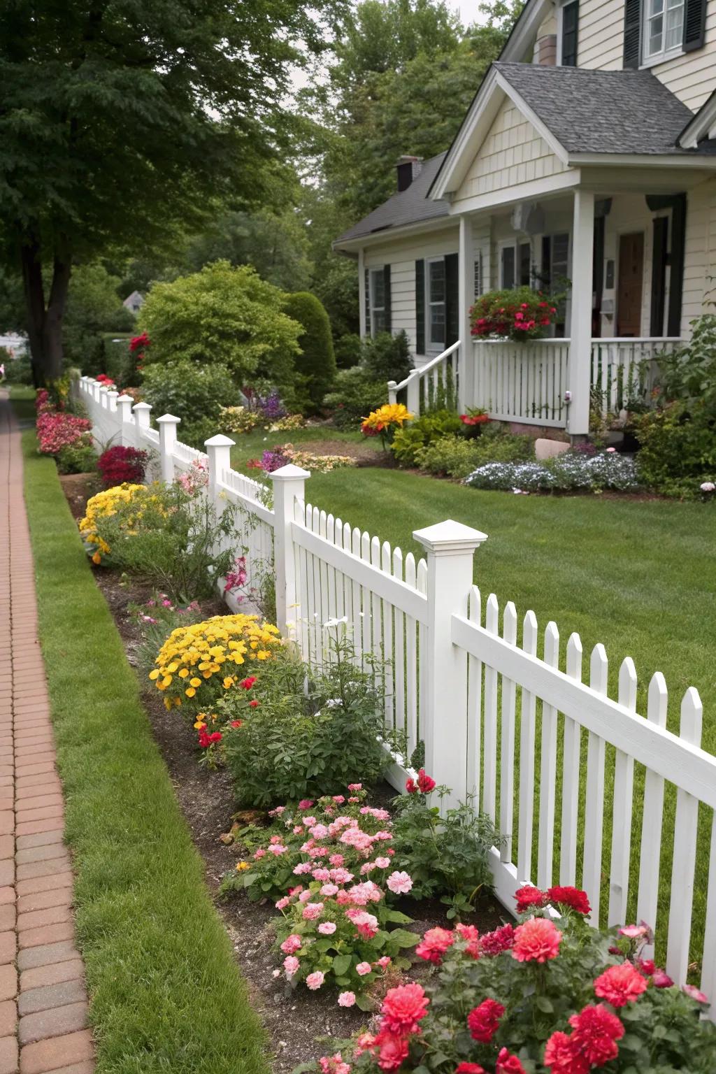 A classic white picket boundary radiates timeless charm.
