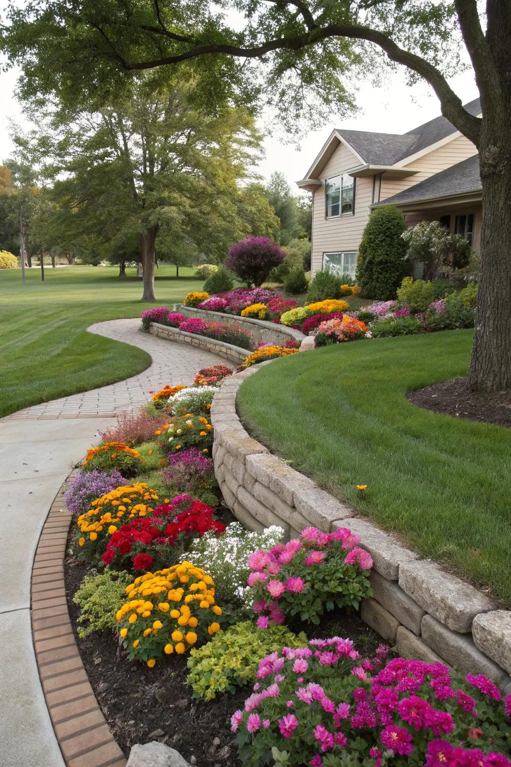 Curved flower beds lend a natural, flowing aesthetic to this vibrant front yard.