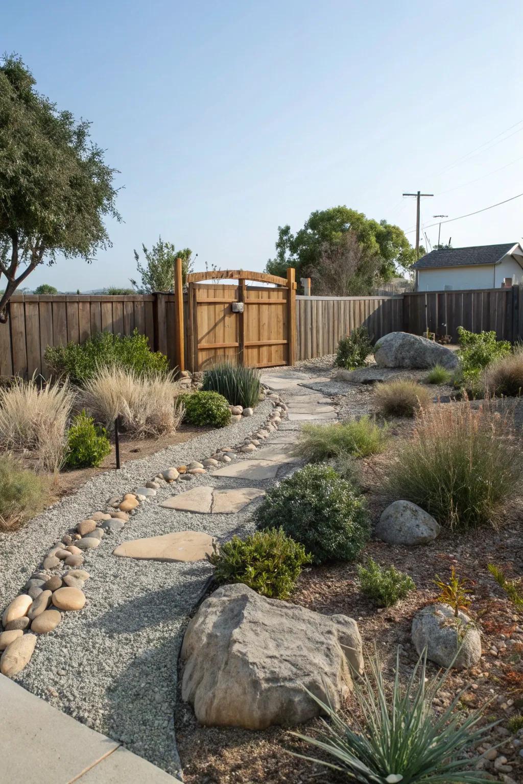 Gravel pathways provide a lovely touch while conserving water.