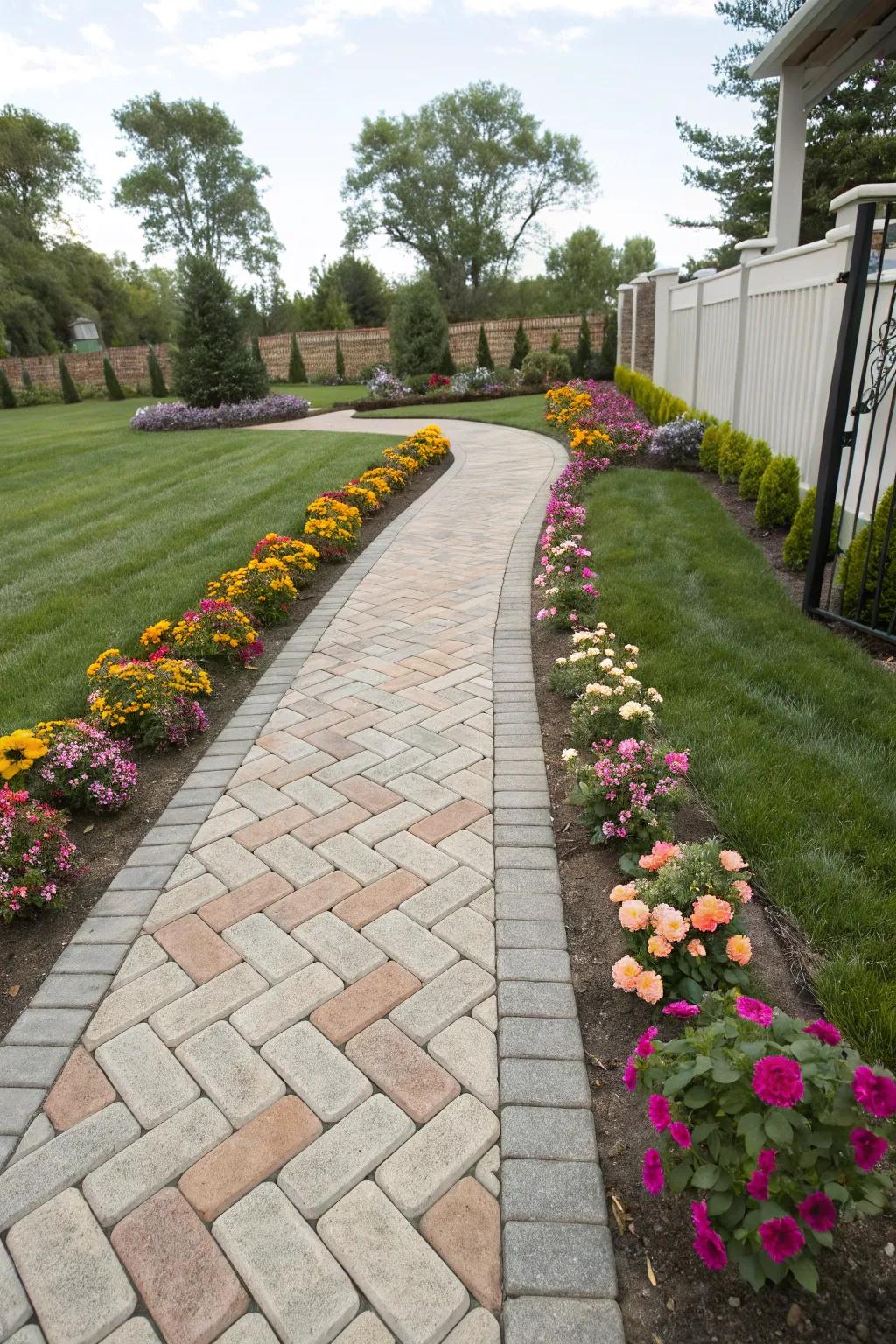 Classic herringbone stone paths are perpetually in vogue.