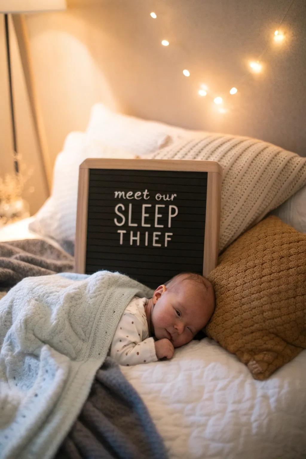 Highlighting the sweet irony of sleepless nights with a witty letter board.