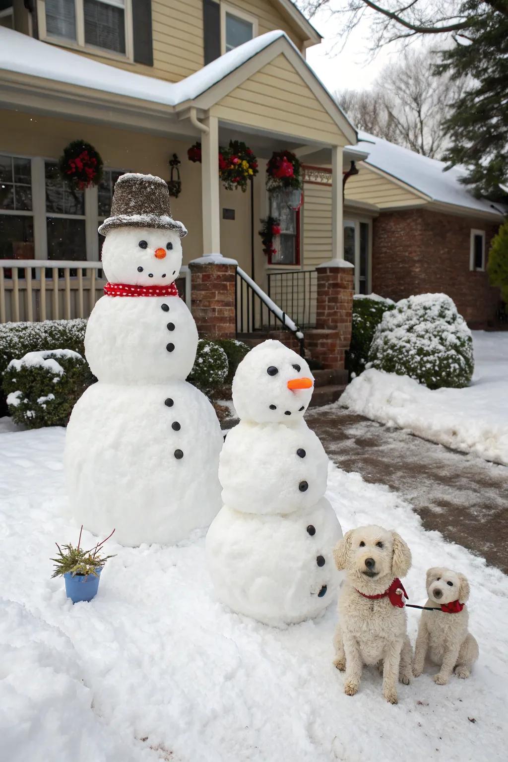 A delightful snow-figure family relishing winter moments together.