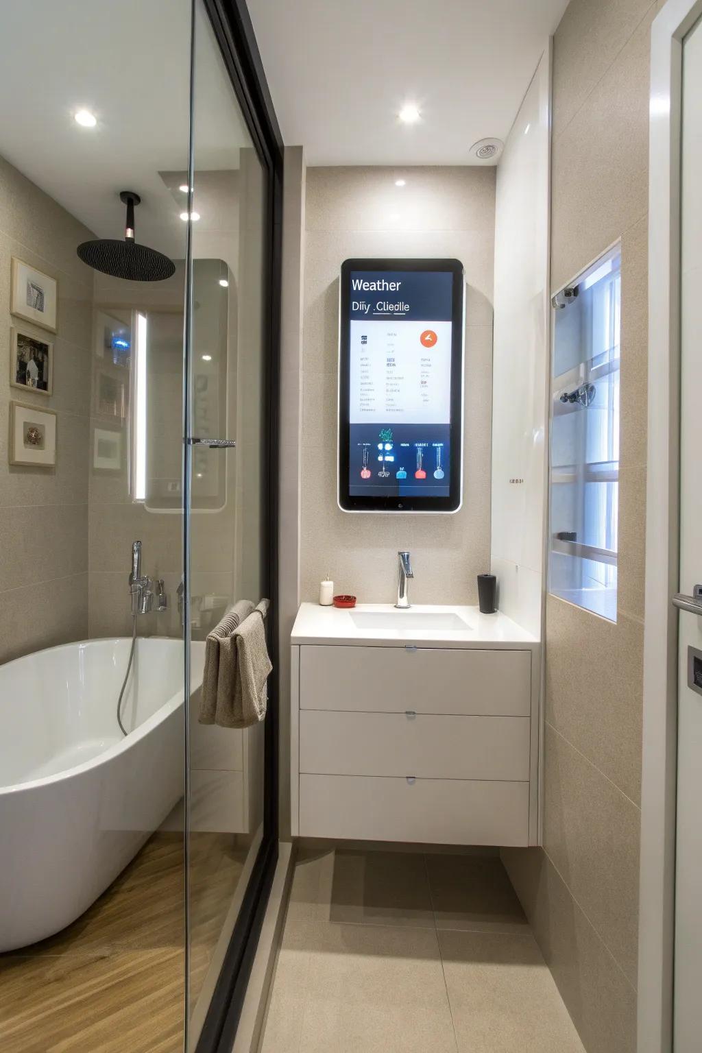 A modern bathroom is elevated with a cutting-edge intelligent mirror.