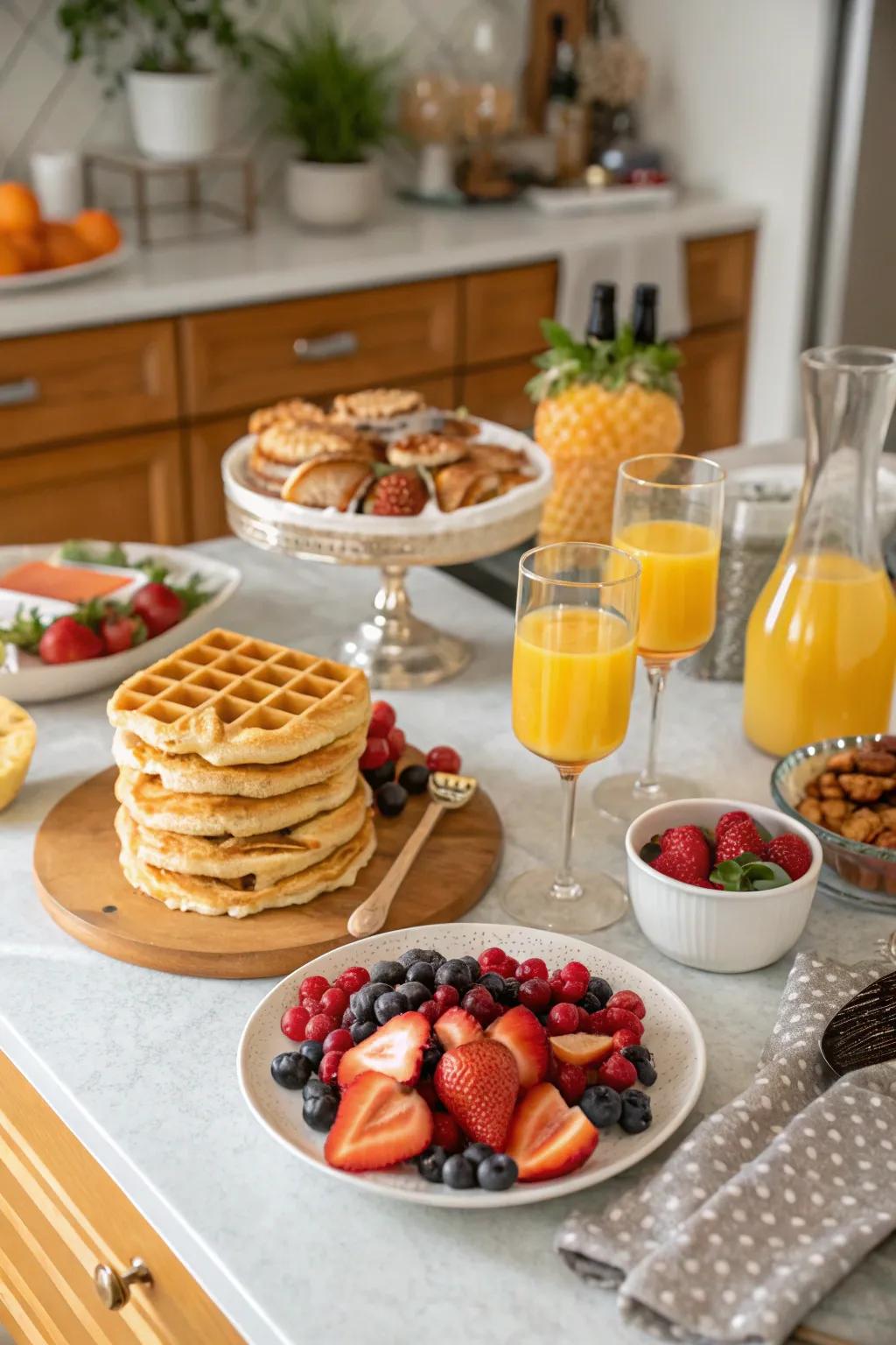 An energetic Galentine's Day brunch display featuring a delightful blend of sweet and savory offerings.