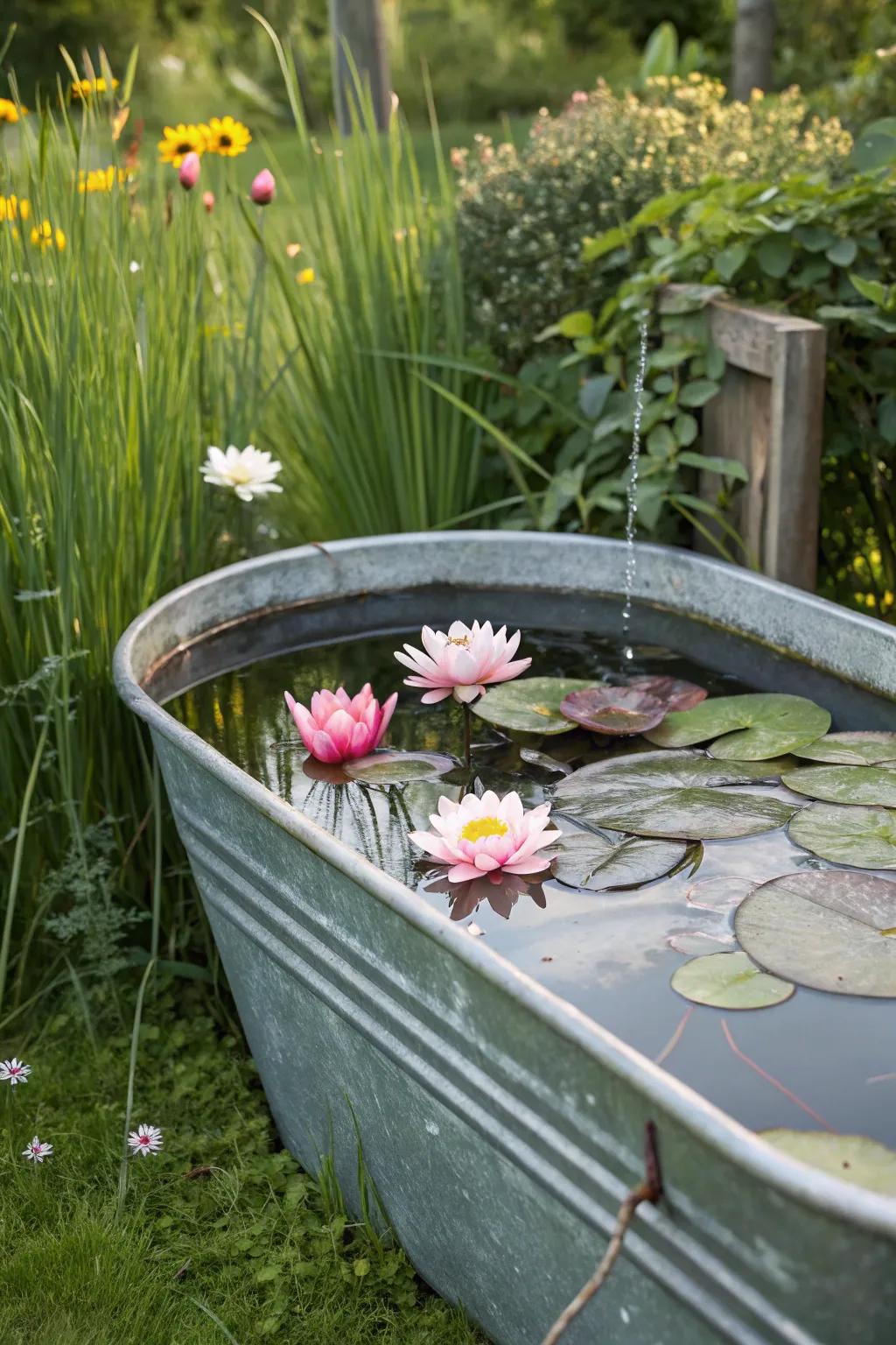 An enchanting elevated garden showcasing aquatic plants thriving in a weathered metal container.