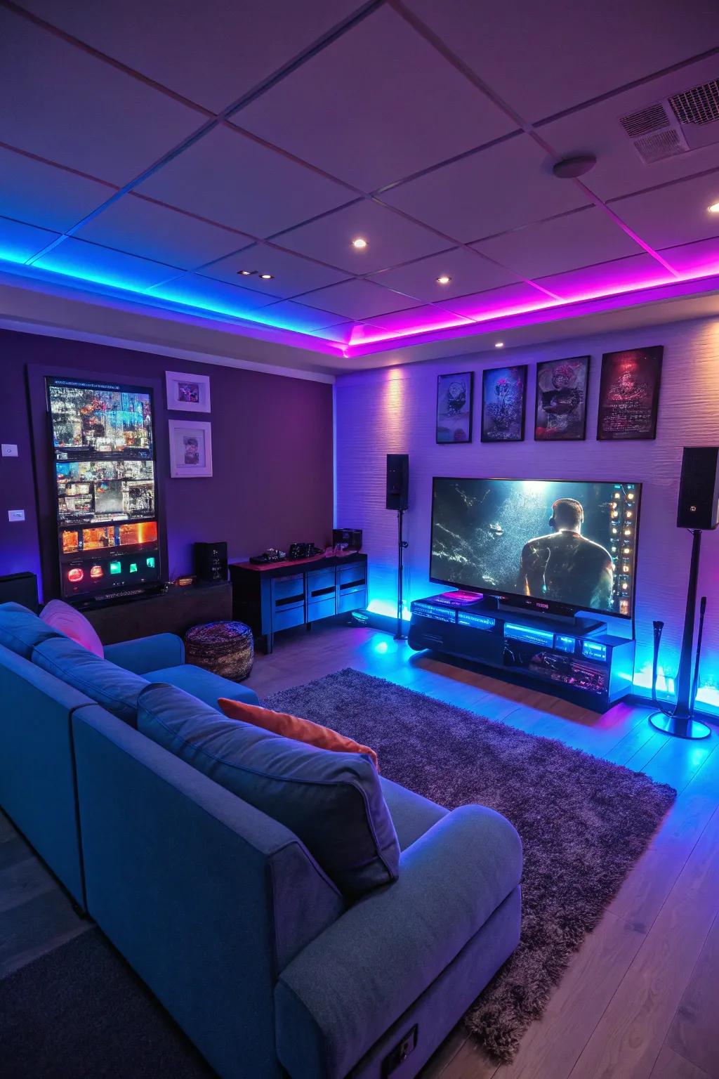 Gaming space highlighted by light-emitting diode ambient illumination for an engrossing encounter.