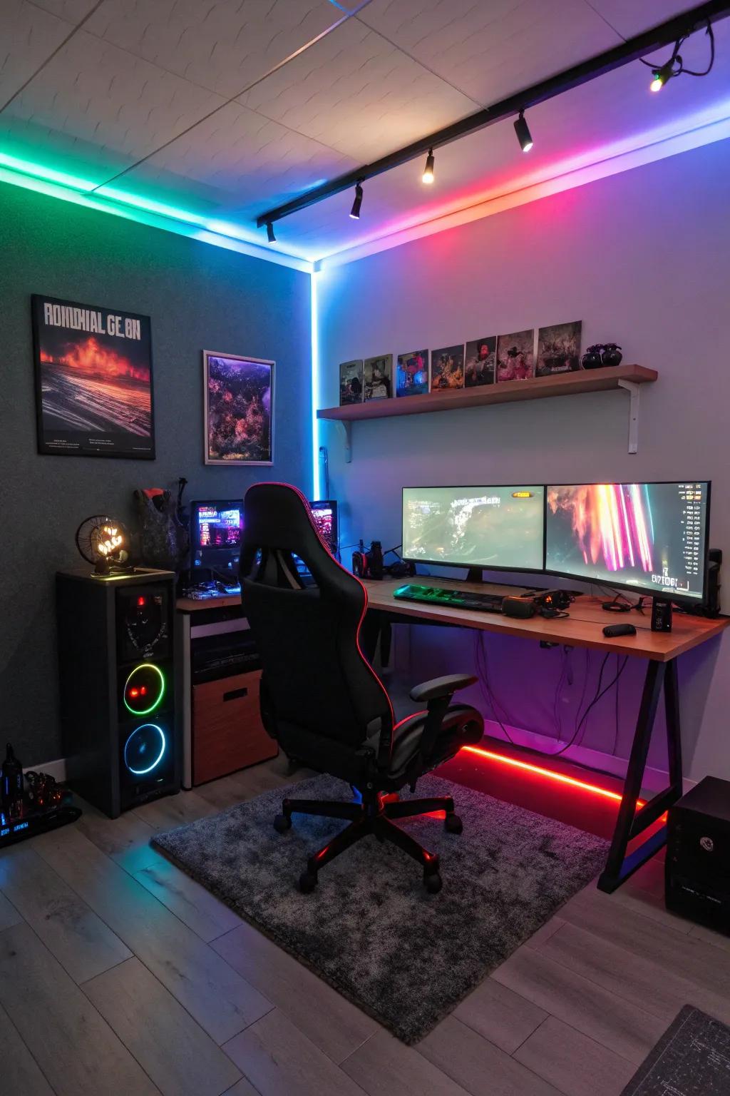Rainbow lights transforms this pc gaming room into an immersive experience.