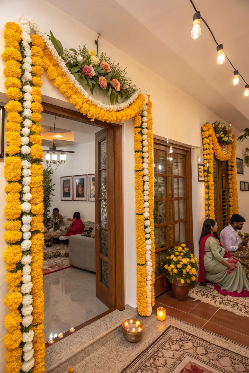 A home beautifully adorned with marigold and jasmine garlands, amplifying the festive atmosphere of Ganesh Chaturthi.