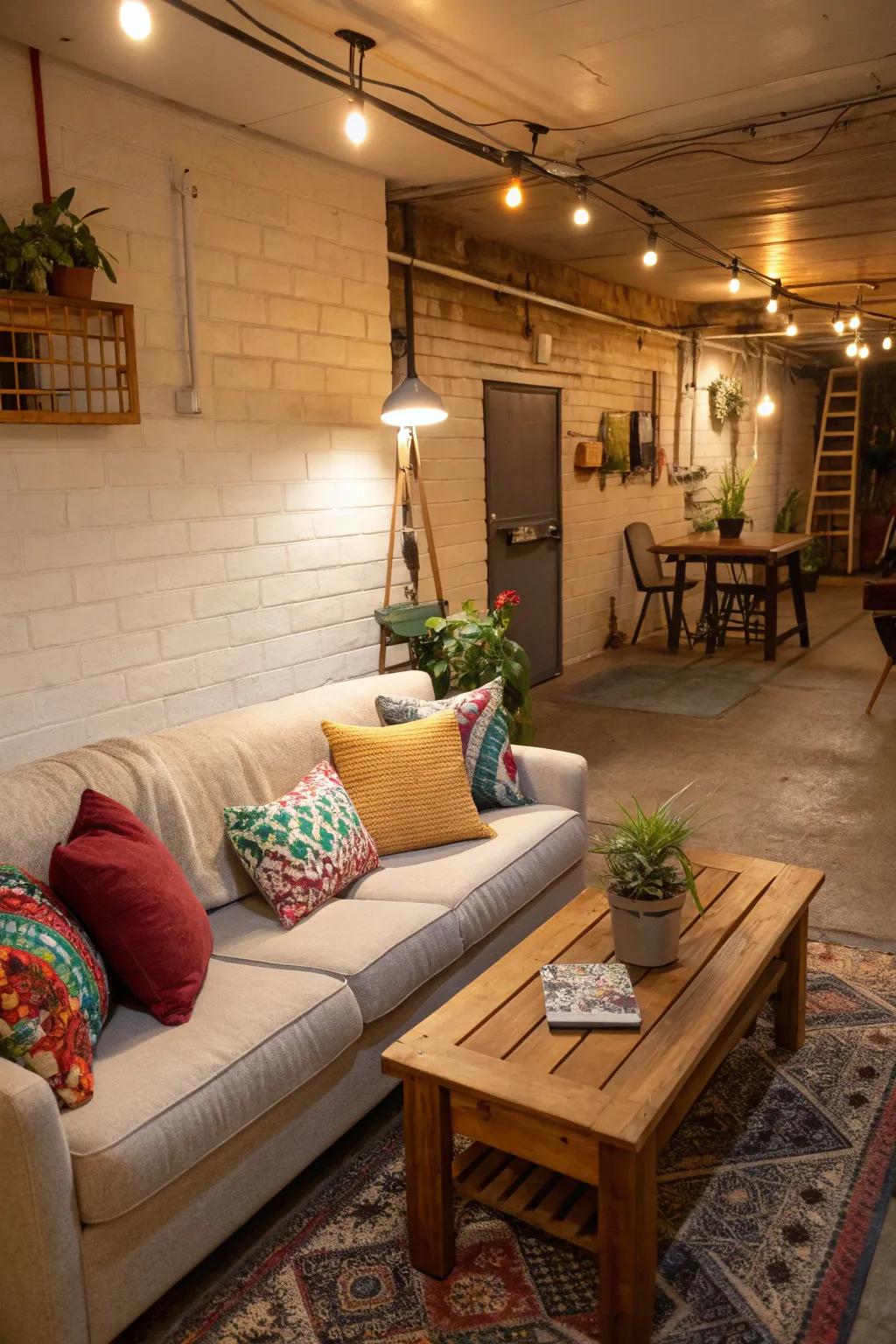 A welcoming living nook featuring a soft sofa and attractive decor.