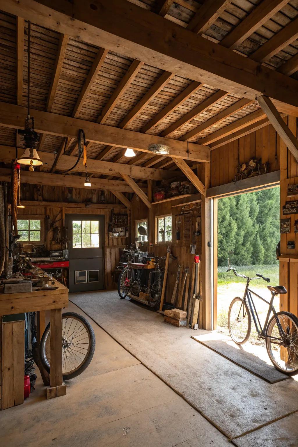 Exposed beams add a rustic touch to your garage, turning it into a cozy retreat.