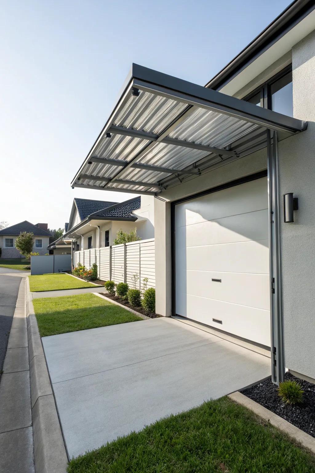 Sleek metal awning over a modern garage door.