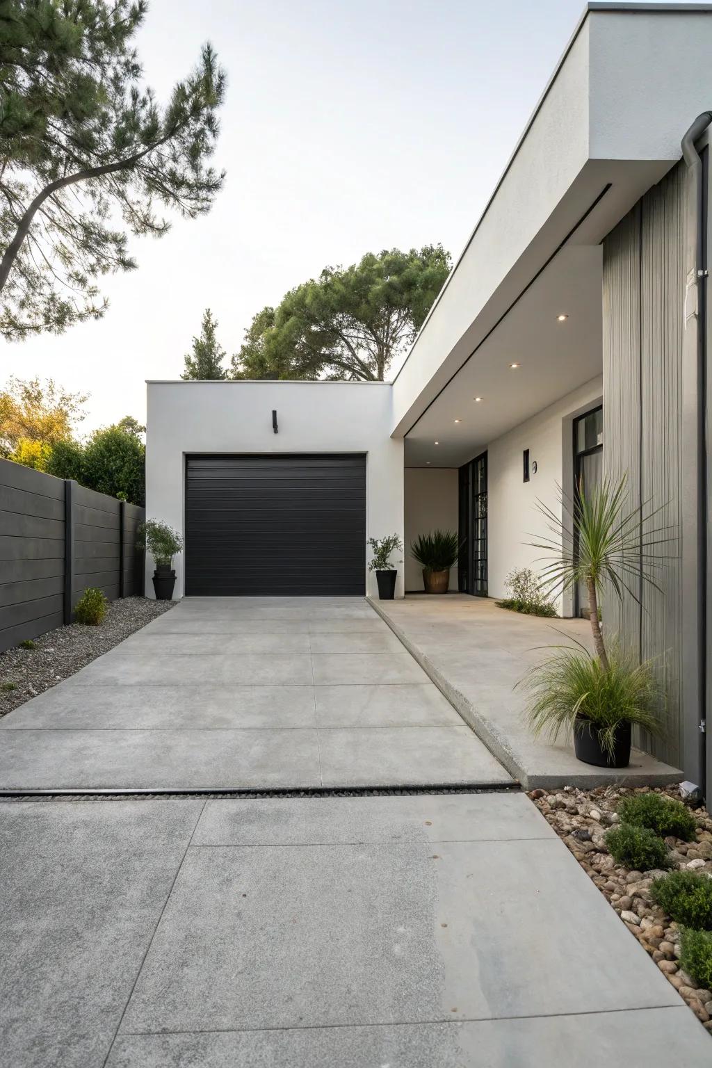 A modern concrete driveway that radiates elegance and simplicity.