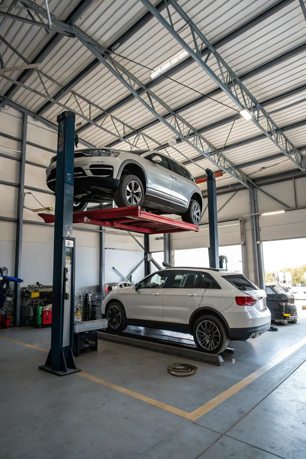 A cutting-edge car lift system showcases innovative use of vertical space.