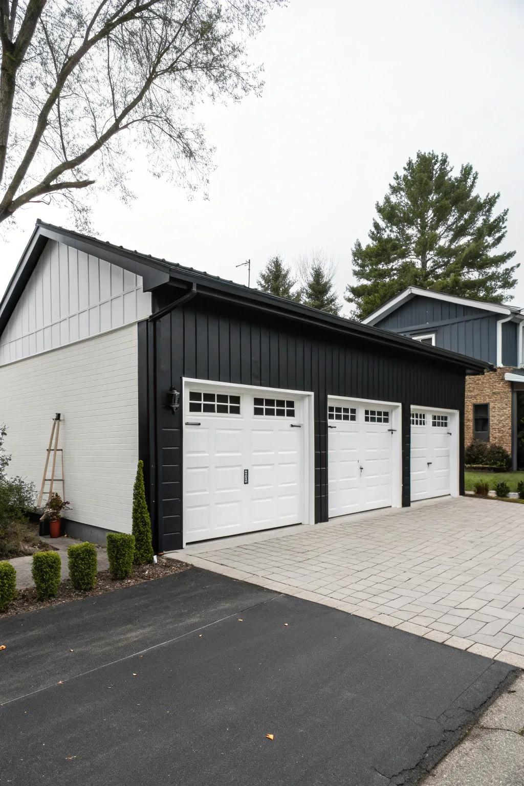 A visually stunning garage showcasing a daring two-tone color arrangement.