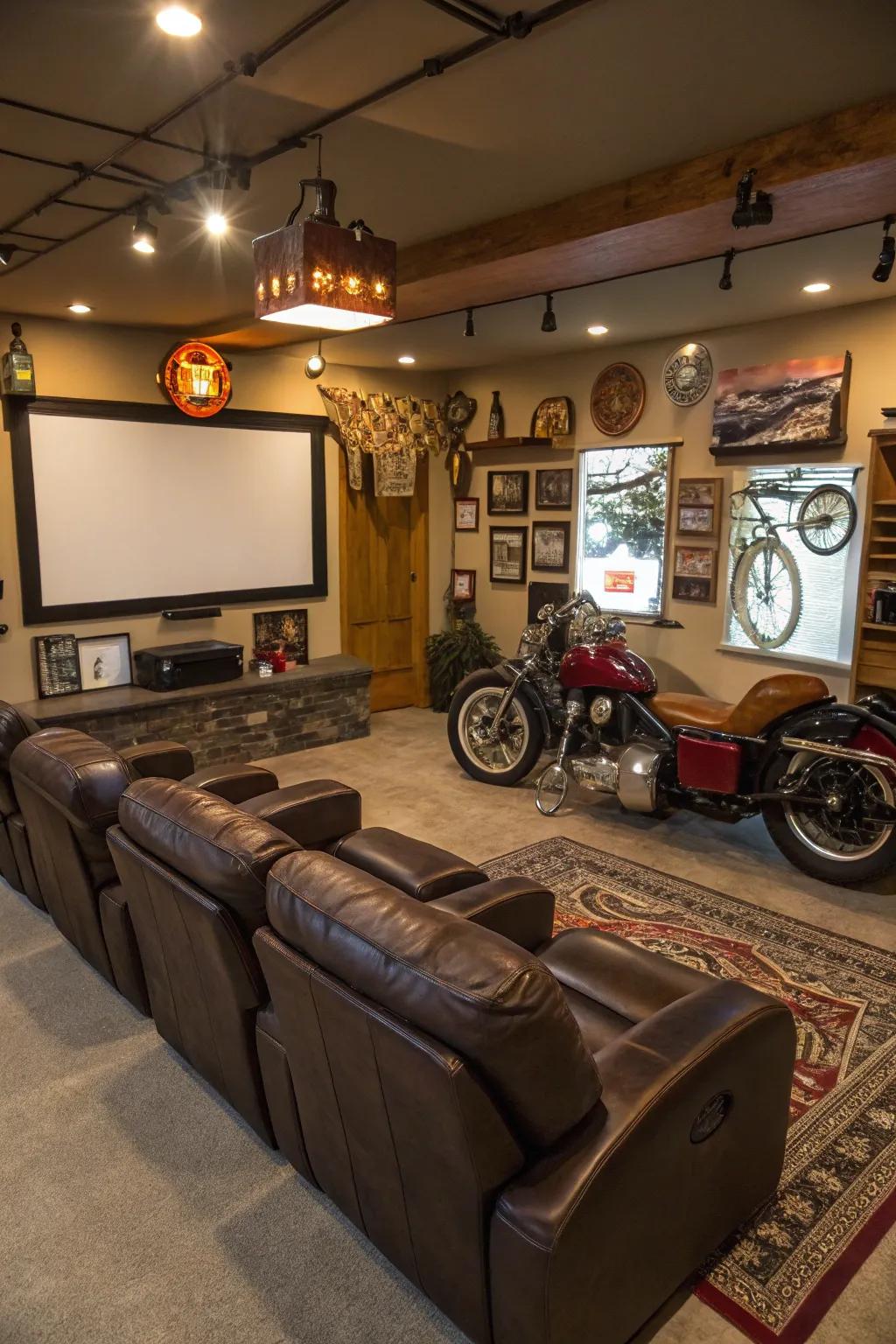 A classically designed lounge setup nestled in a garage retreat, ideal for unwinding.
