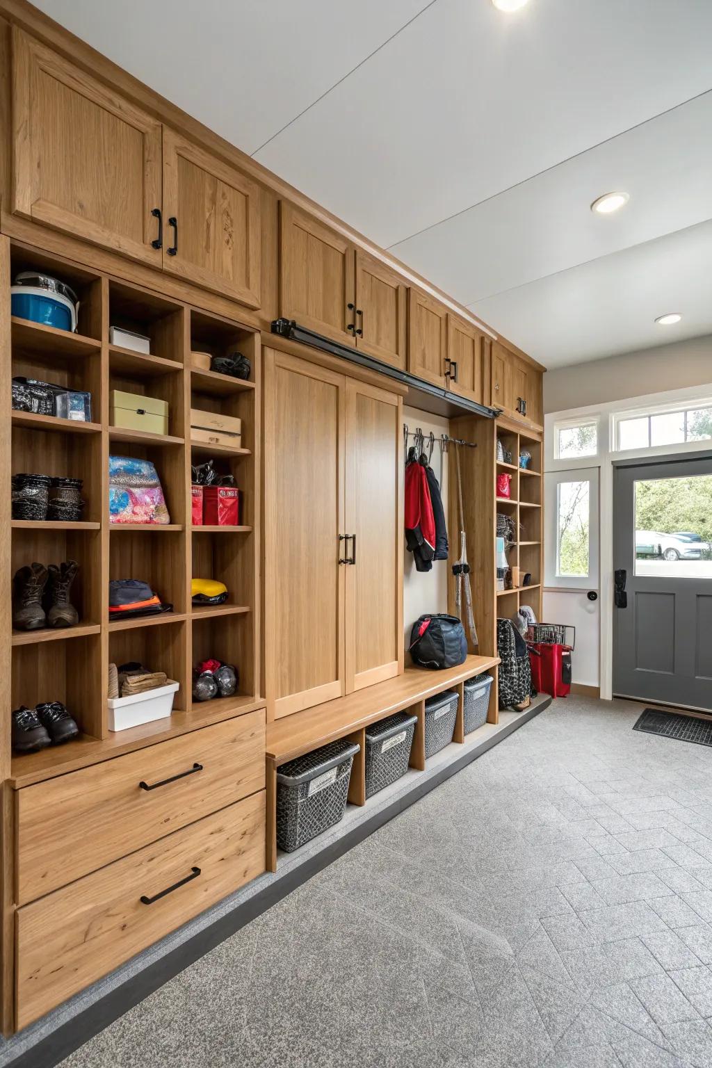 Enhance your space with built-in storage that skillfully conceals clutter, ensuring a designated spot for everything.
