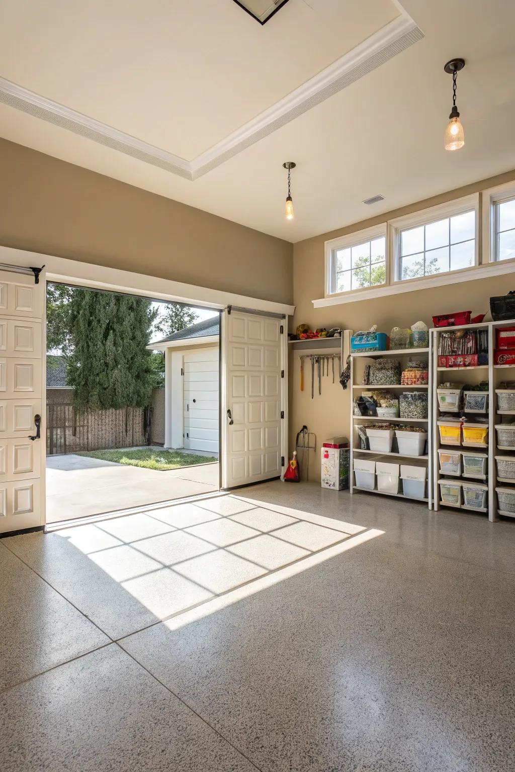 Neutral shades offer an impeccable base for a tidy and spacious garage.
