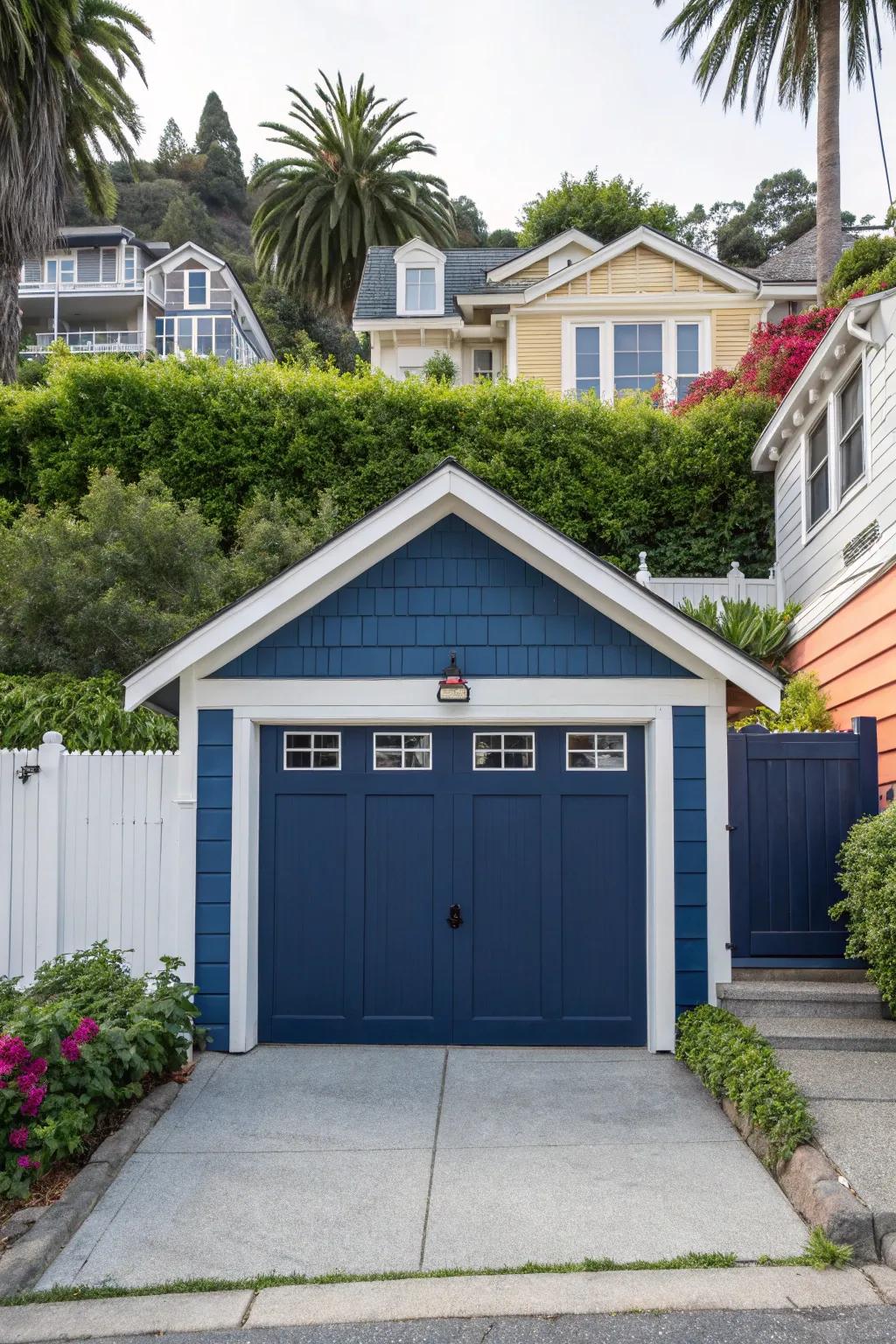 A garage door with contrasting trim colors that stand out.