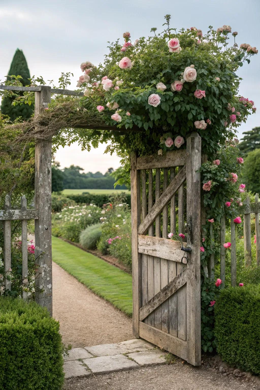 Earthy wooden gate paired with floral vines evokes a charming, welcoming garden entrance.