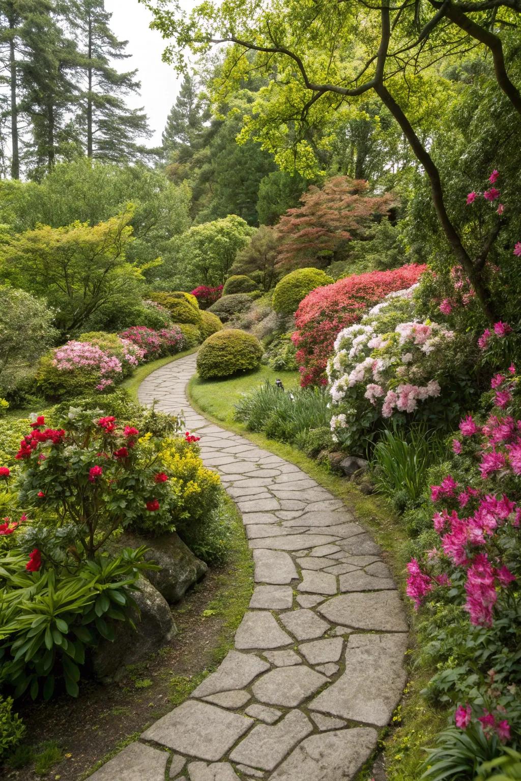 A lovely rock walkway snaking through a garden bursting with lively flowers.