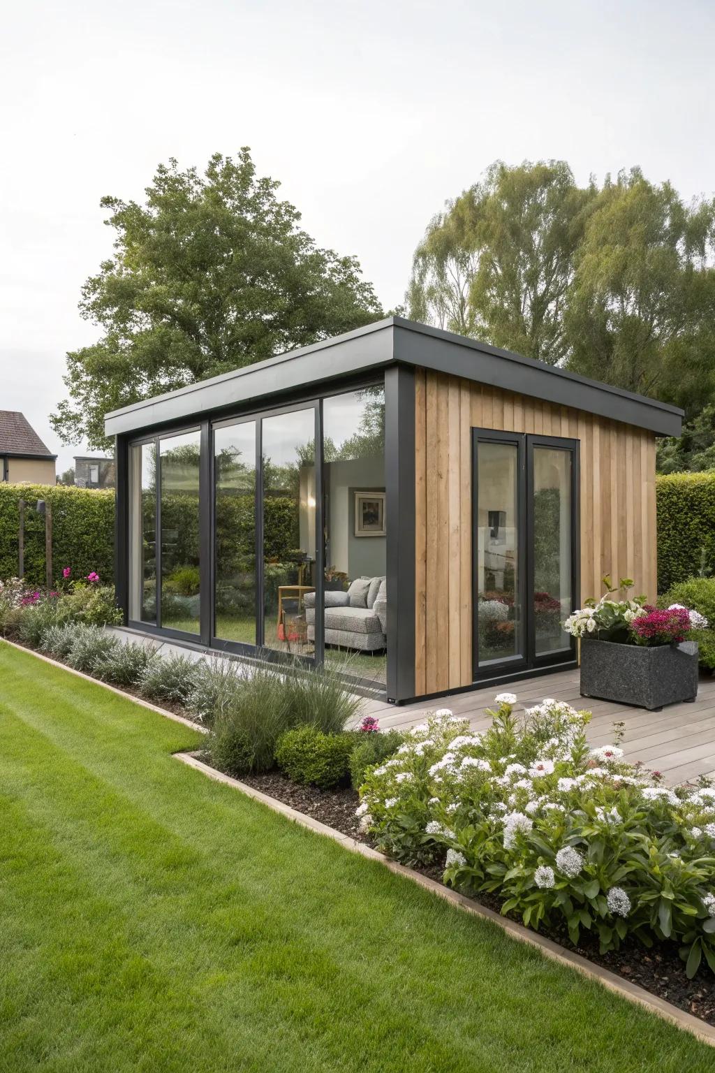 A sophisticated garden pod showcasing contemporary flair, offering a fashionable sanctuary for work.