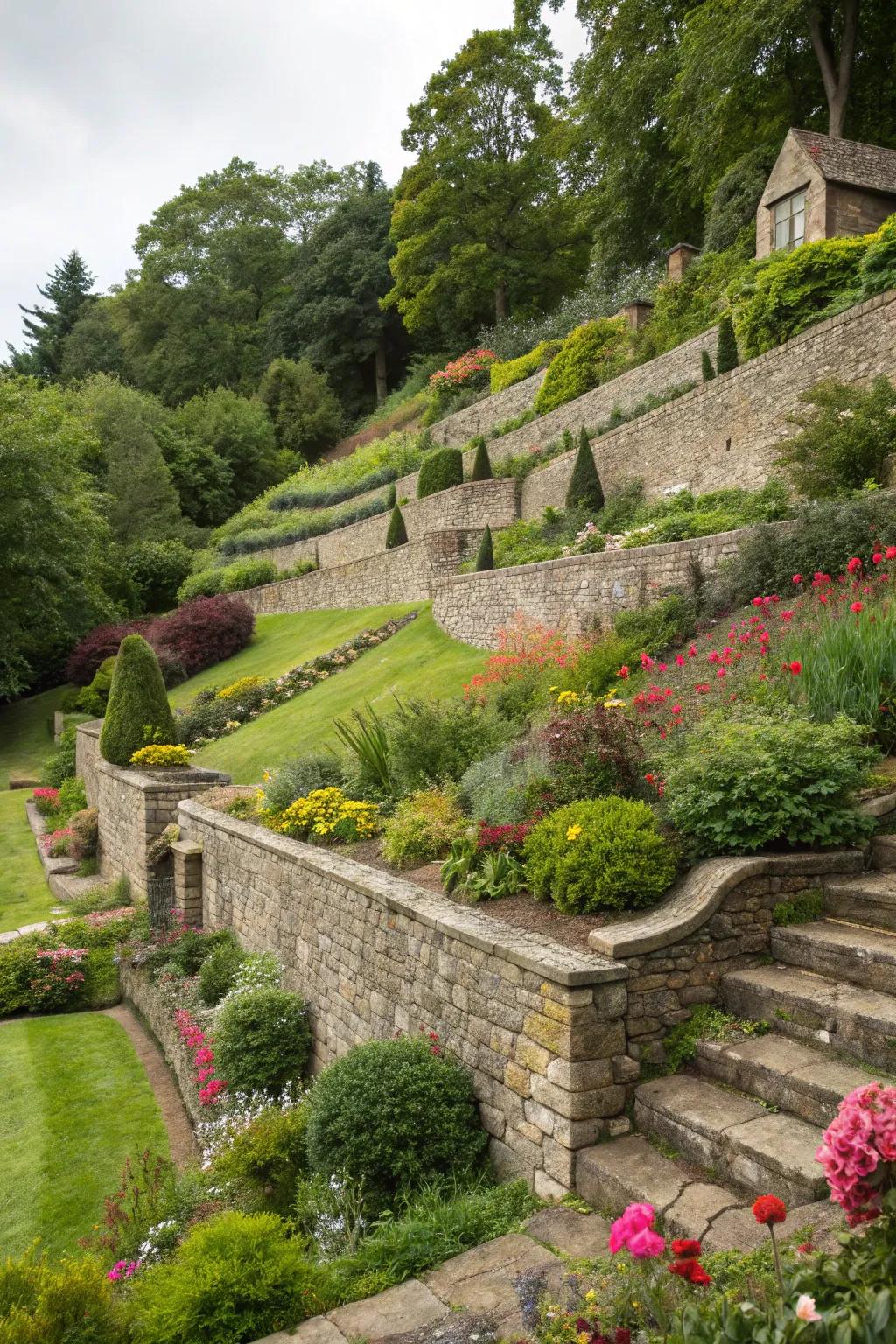 Tiered levels fashion a balanced and welcoming garden on a steep hillside.