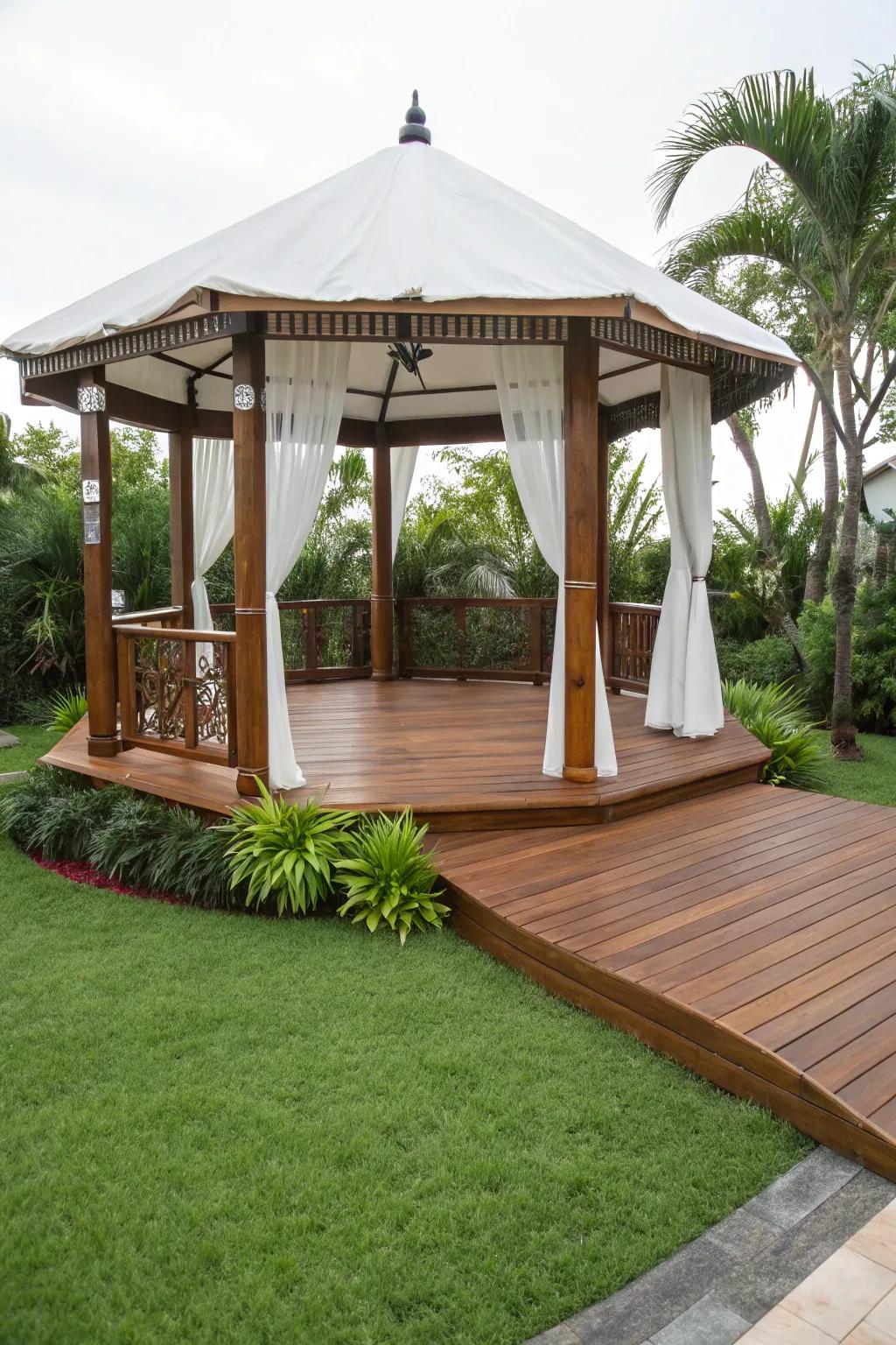 Classic wooden decking brings warmth and sophistication to any gazebo setting.