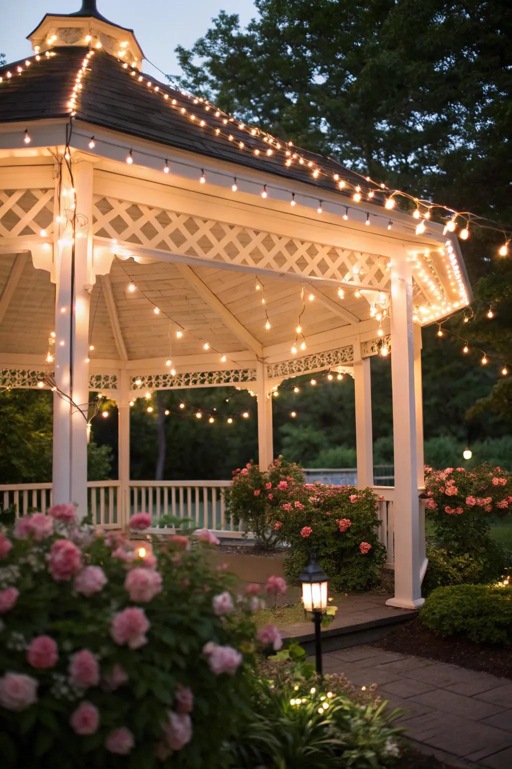 Fairy strands are delicately arrayed across the gazebo, fostering a welcoming, intimate mood.