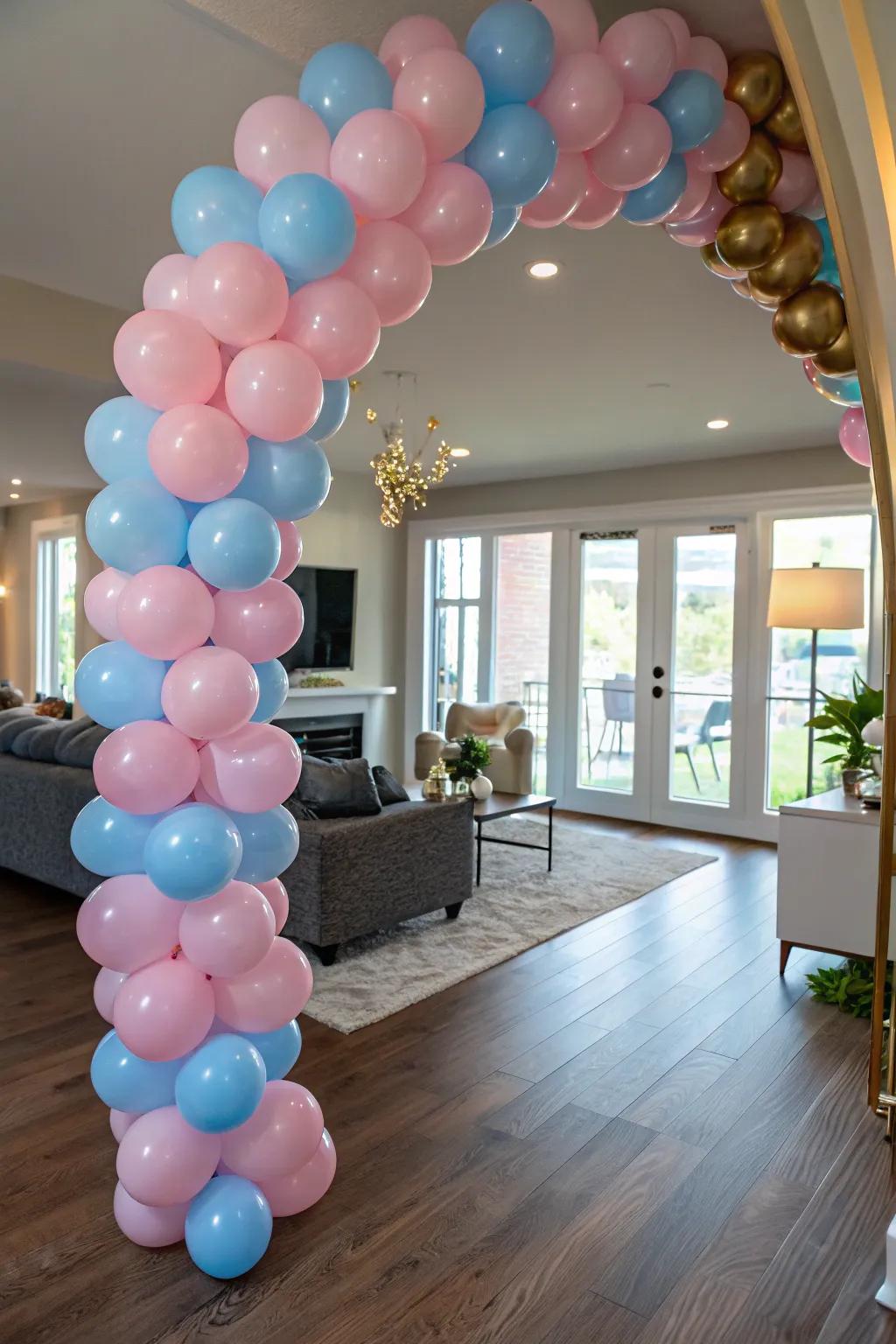 A captivating balloon arch brings a joyous vibe to any gender reveal.