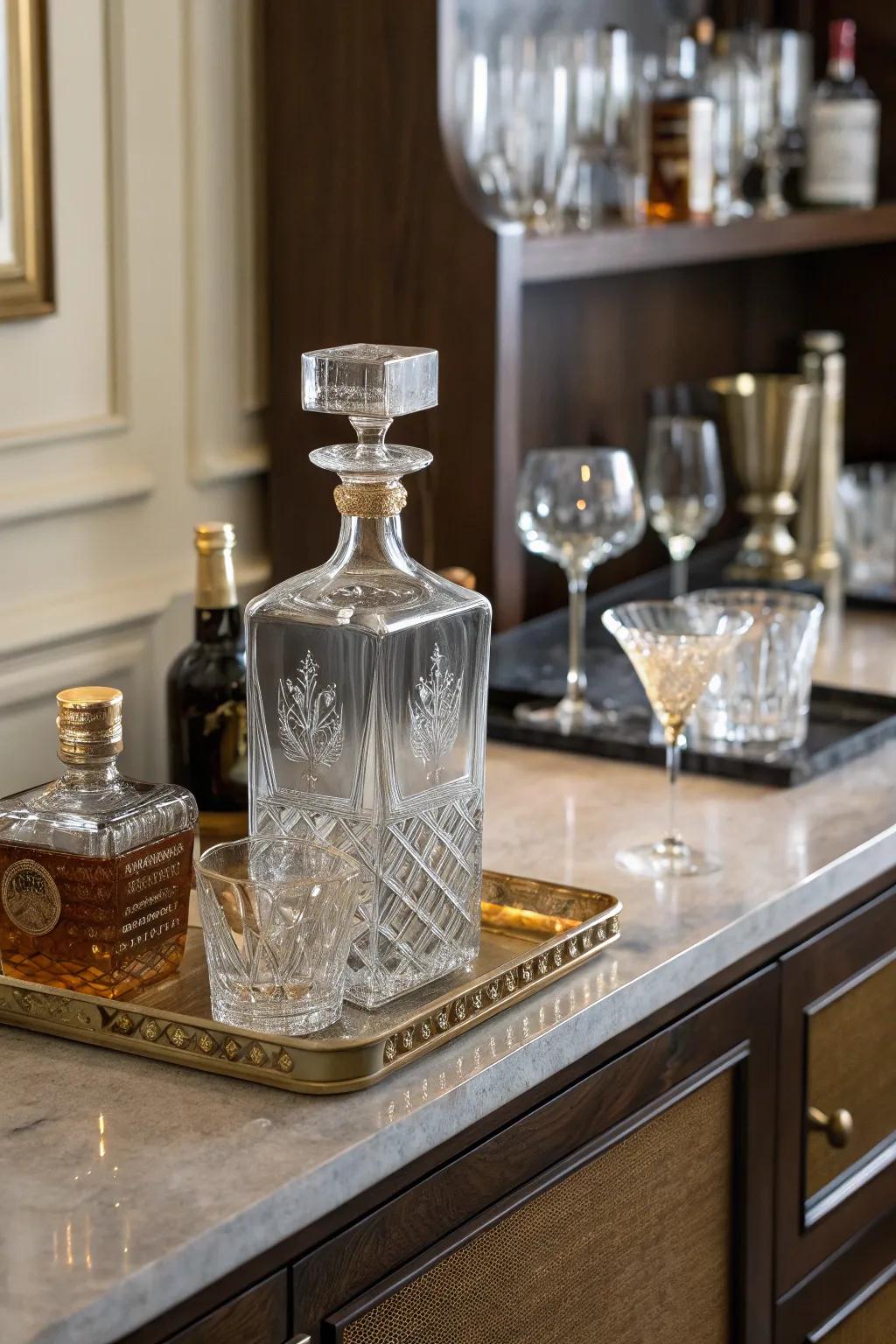 A custom engraved carafe provides a personal touch to any bar.