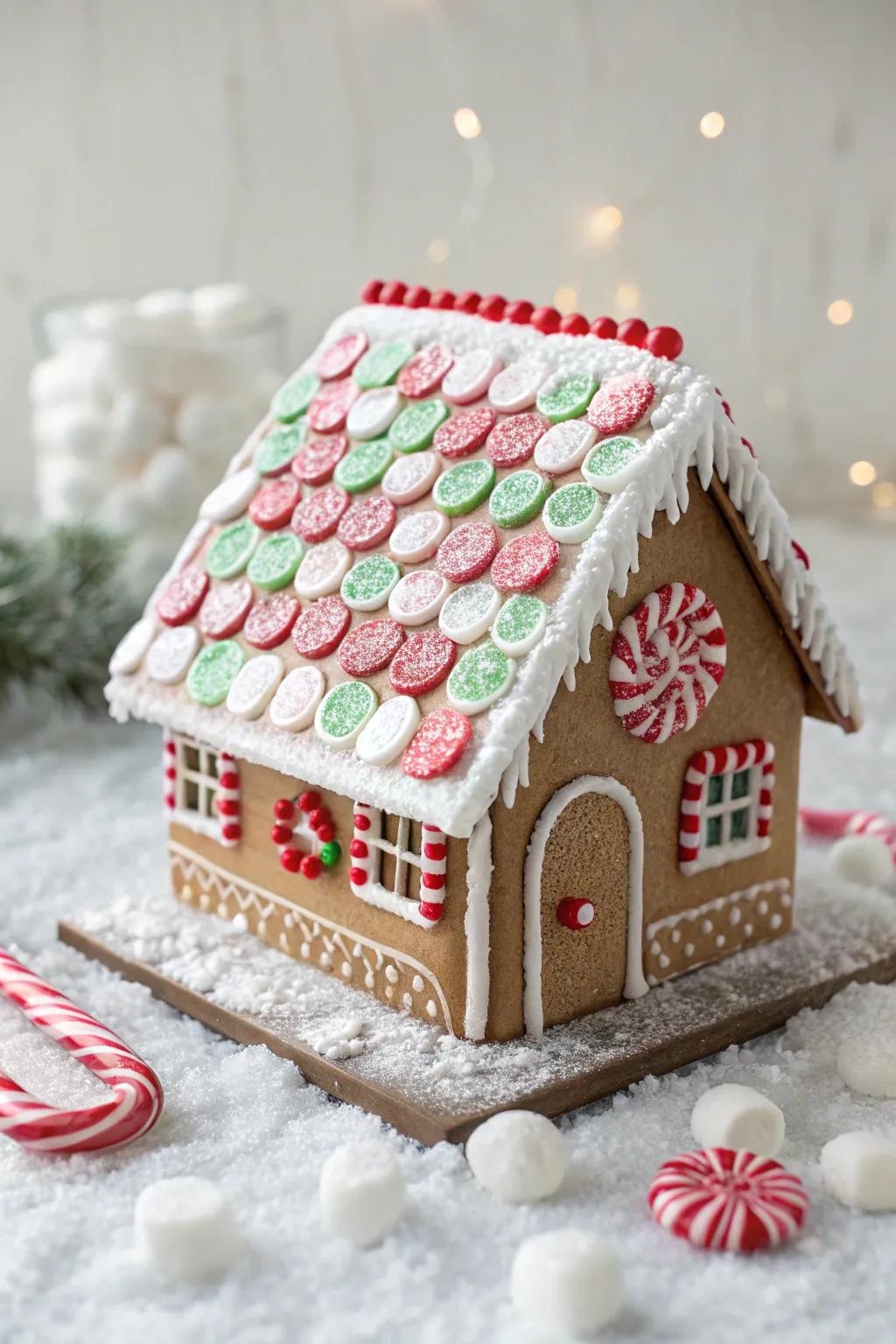 Candy cane shingles add a festive and colorful touch to gingerbread house roofs.