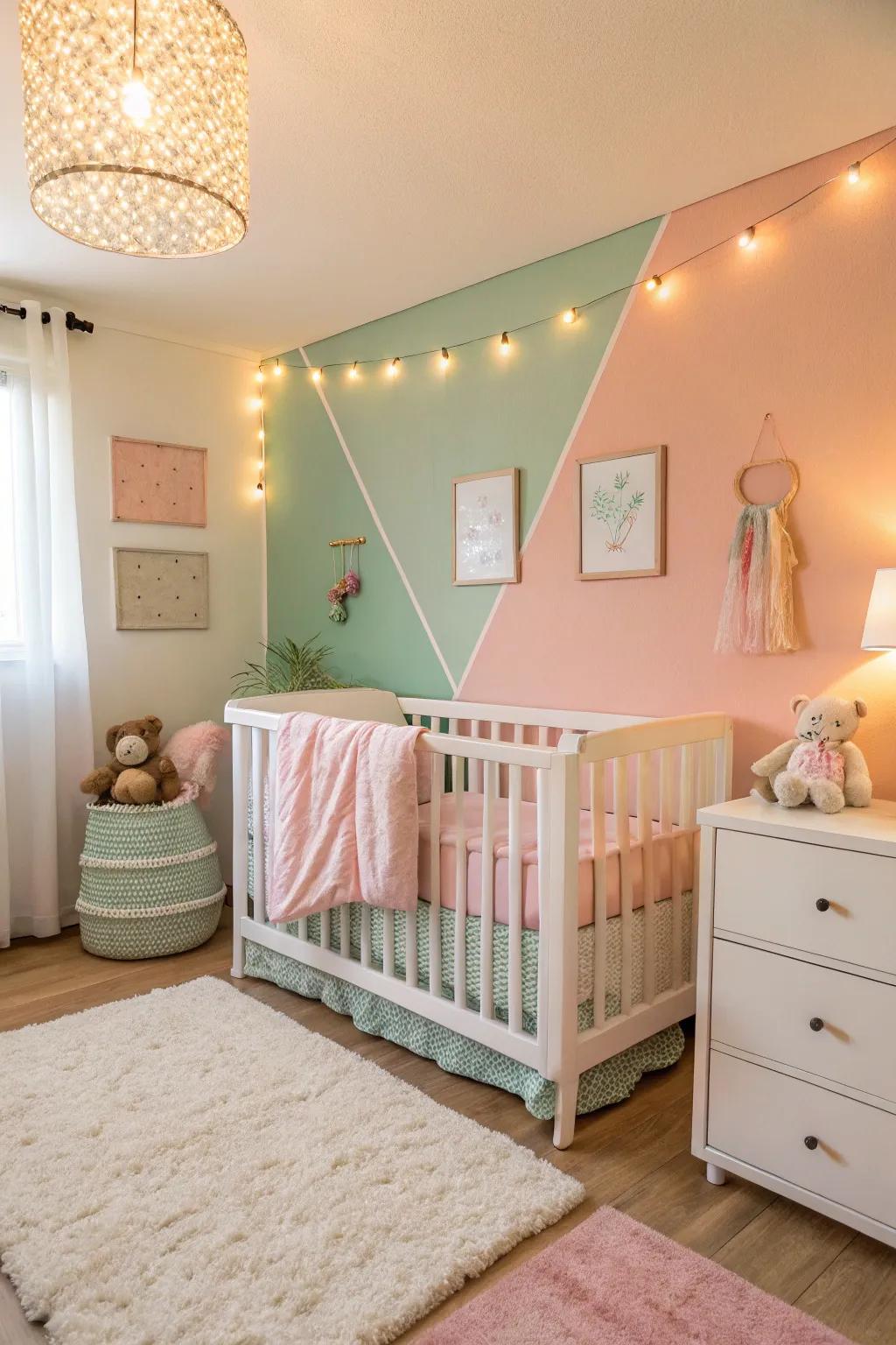 A nursery showcasing a soothing pastel color scheme.