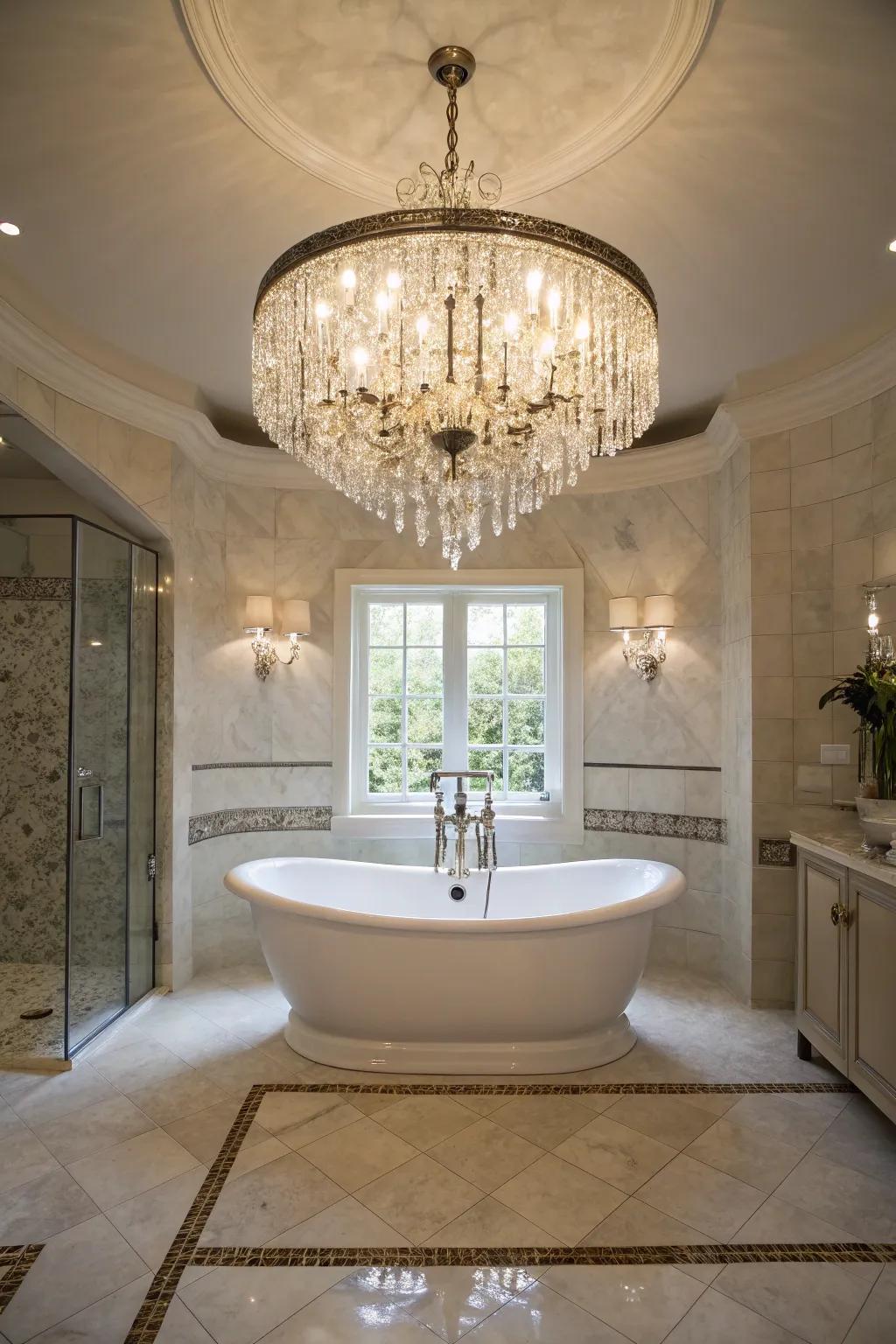 A luxurious bathroom showcasing a crystal chandelier above a standalone tub.