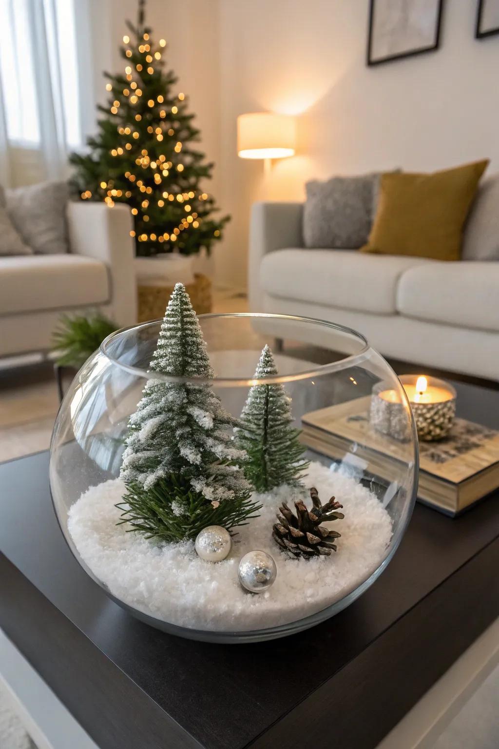 A crystal vessel housing a petite Yuletide tree and imitation snow.