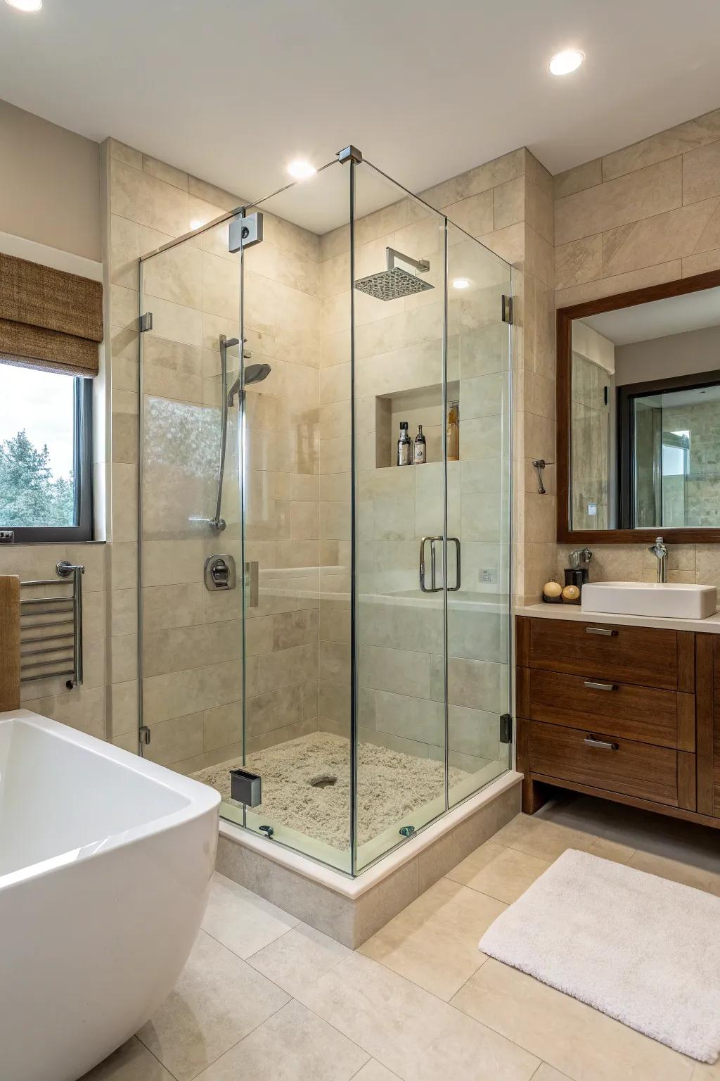 Frameless glass showers invoke an airy and sophisticated ambiance in any bathroom setting.