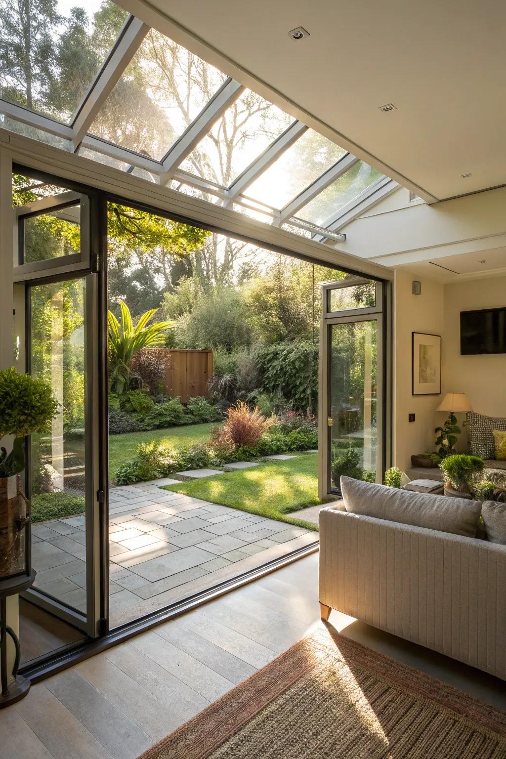 An open glass garage door creates a unified indoor-outdoor living area.